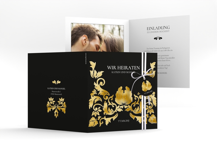 Hochzeitseinladung Royal quadr. Klappkarte schwarz gold mit barockem Blumen-Ornament