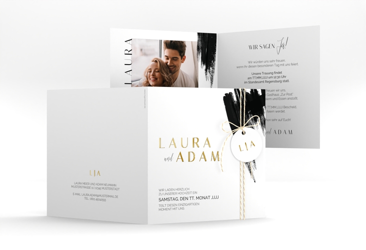 Hochzeitseinladung Brush quadr. Klappkarte schwarz gold