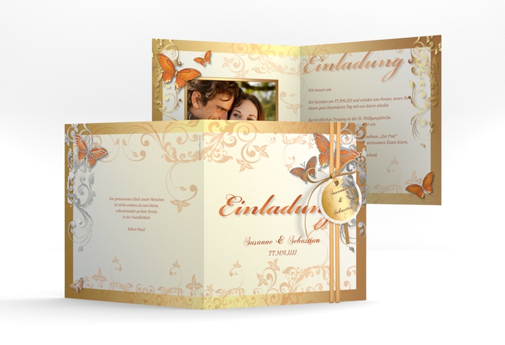 Hochzeitseinladung Toulouse quadr. Klappkarte orange silber romantisch mit Schmetterlingen