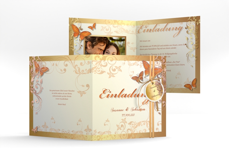 Hochzeitseinladung Toulouse quadr. Klappkarte orange rosegold romantisch mit Schmetterlingen