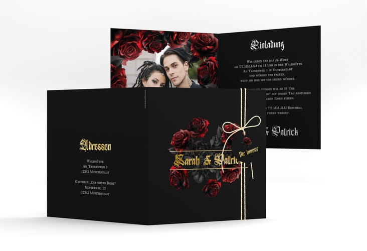Hochzeitseinladung Gothic Rose quadr. Klappkarte schwarz gold
