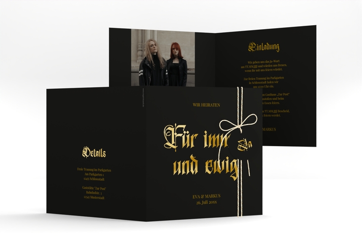 Hochzeitseinladung Wednesday quadr. Klappkarte schwarz gold