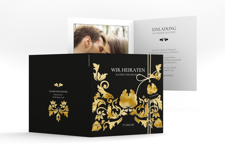Hochzeitseinladung Royal quadr. Klappkarte schwarz gold mit barockem Blumen-Ornament