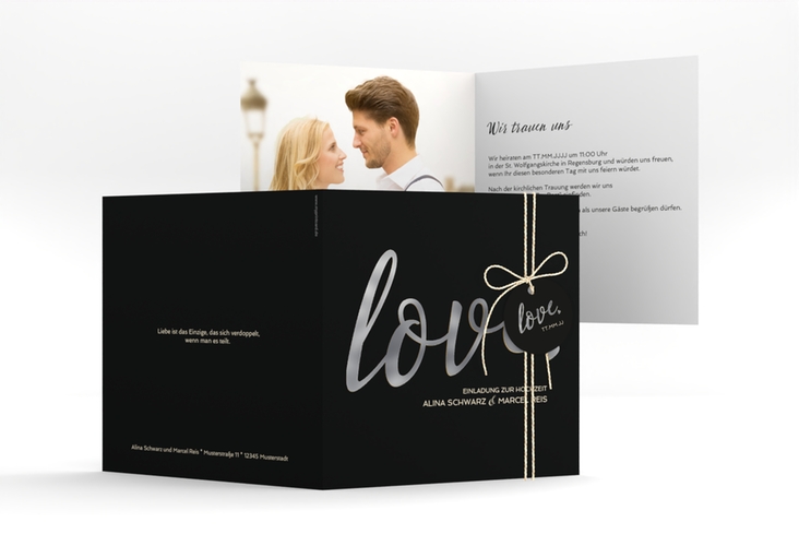 Hochzeitseinladung Glam quadr. Klappkarte schwarz silber
