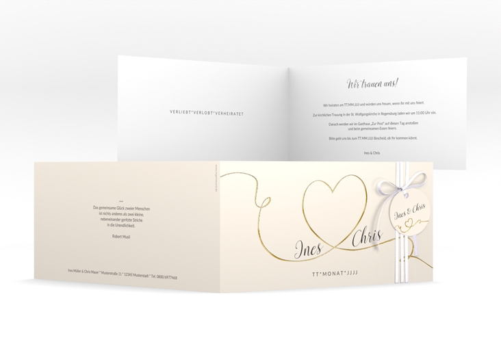 Hochzeitseinladung Dolce lange Klappkarte quer beige gold