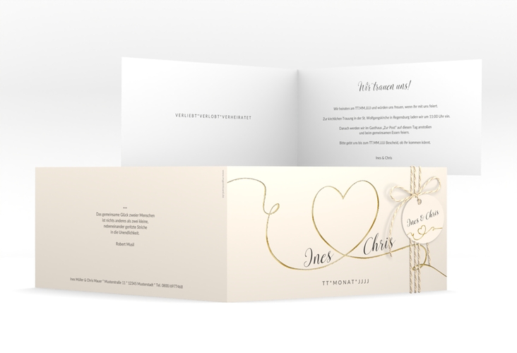 Hochzeitseinladung Dolce lange Klappkarte quer beige gold