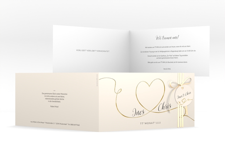 Hochzeitseinladung Dolce lange Klappkarte quer beige gold