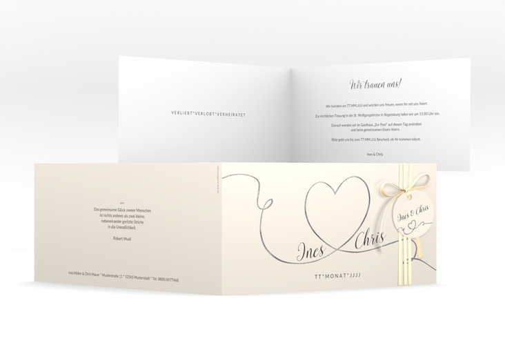 Hochzeitseinladung Dolce lange Klappkarte quer beige silber