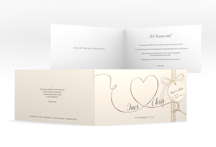 Hochzeitseinladung Dolce lange Klappkarte quer beige rosegold