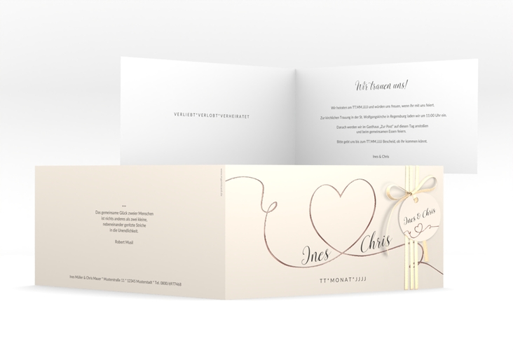 Hochzeitseinladung Dolce lange Klappkarte quer beige rosegold