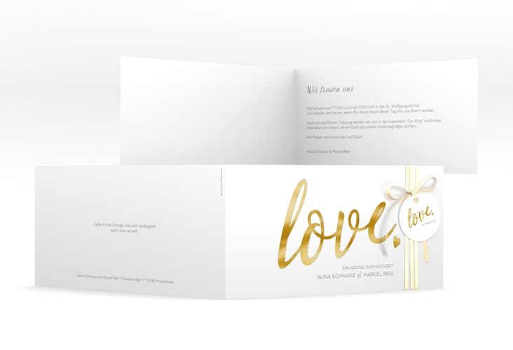 Hochzeitseinladung Glam lange Klappkarte quer weiss gold