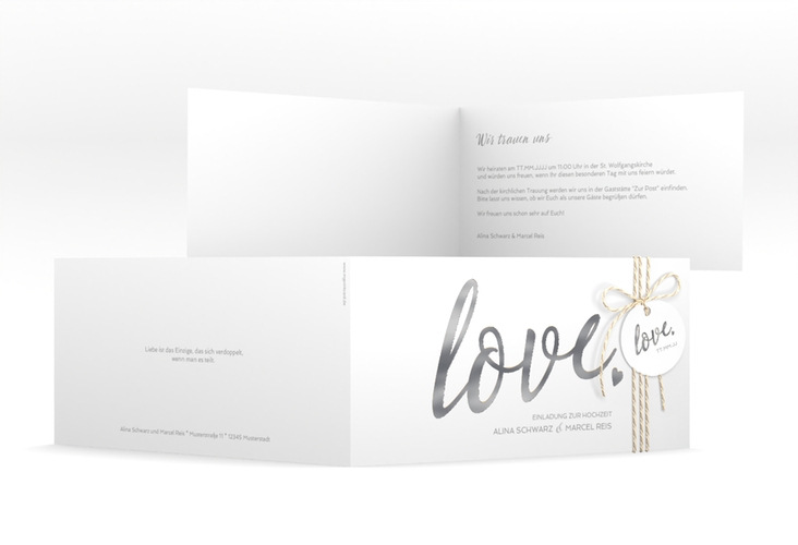 Hochzeitseinladung Glam lange Klappkarte quer weiss silber