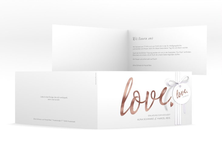 Hochzeitseinladung Glam lange Klappkarte quer weiss rosegold