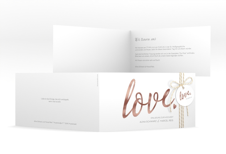 Hochzeitseinladung Glam lange Klappkarte quer weiss rosegold