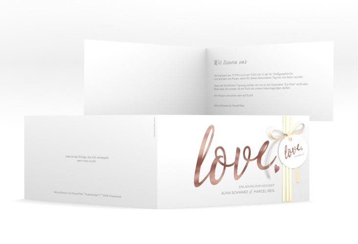 Hochzeitseinladung Glam lange Klappkarte quer weiss rosegold