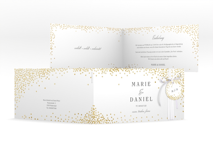 Hochzeitseinladung Glitter lange Klappkarte quer weiss gold