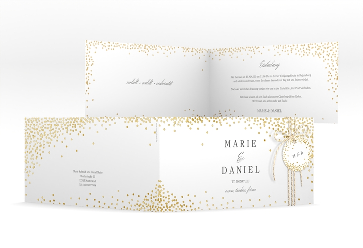 Hochzeitseinladung Glitter lange Klappkarte quer weiss gold