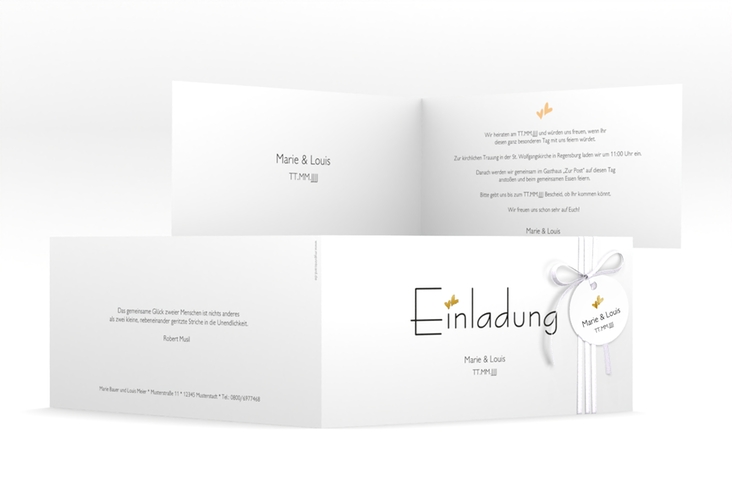 Hochzeitseinladung Twohearts lange Klappkarte quer beige gold