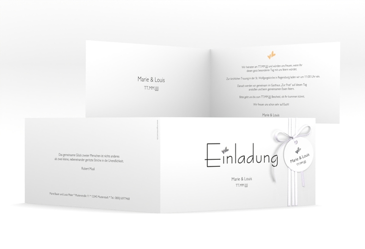 Hochzeitseinladung Twohearts lange Klappkarte quer beige silber