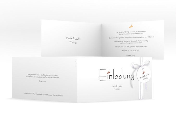 Hochzeitseinladung Twohearts lange Klappkarte quer beige rosegold