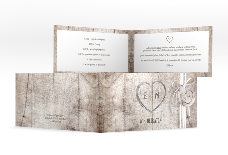 Hochzeitseinladung Wood lange Klappkarte quer weiss silber