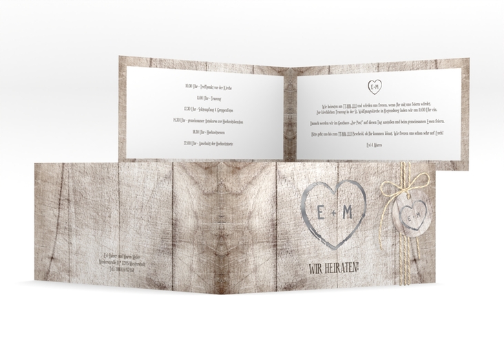 Hochzeitseinladung Wood lange Klappkarte quer weiss silber