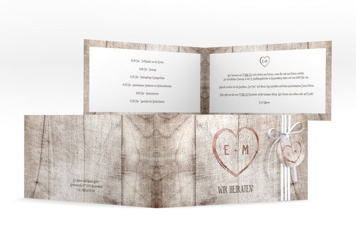 Hochzeitseinladung Wood lange Klappkarte quer weiss rosegold