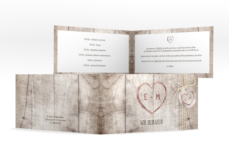 Hochzeitseinladung Wood lange Klappkarte quer weiss rosegold