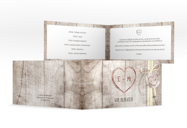 Hochzeitseinladung Wood lange Klappkarte quer weiss rosegold