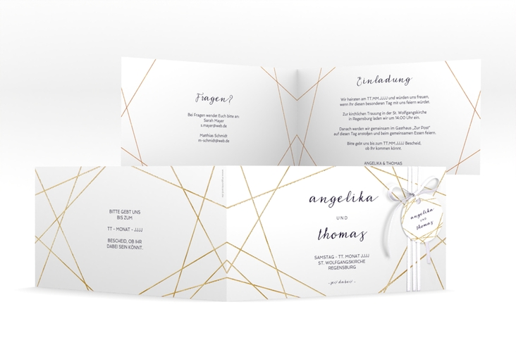 Hochzeitseinladung Asymmetry lange Klappkarte quer weiss gold