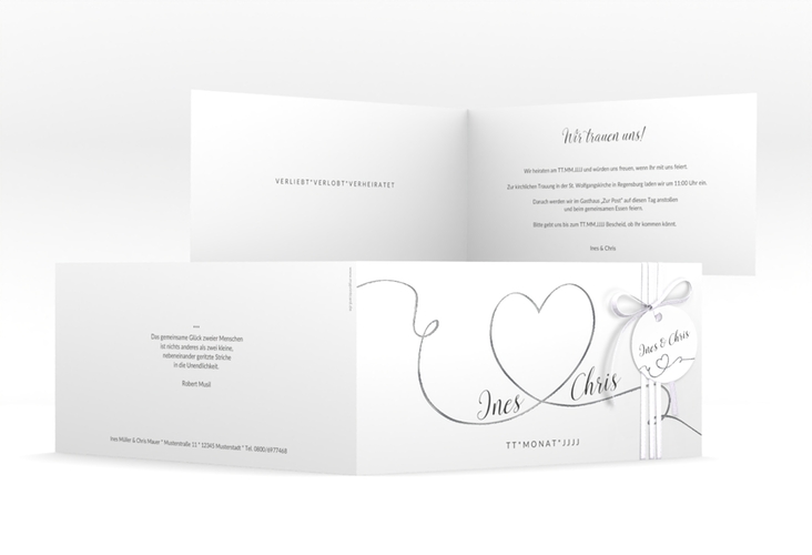 Hochzeitseinladung Dolce lange Klappkarte quer weiss silber