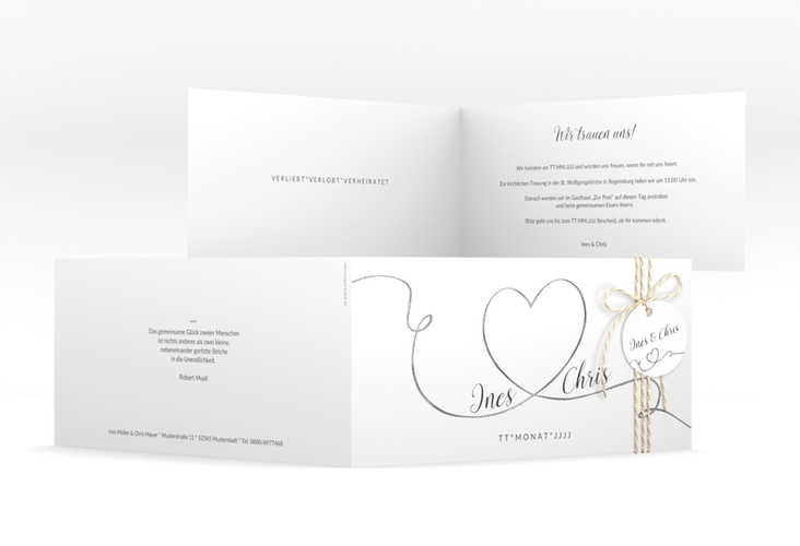 Hochzeitseinladung Dolce lange Klappkarte quer weiss silber