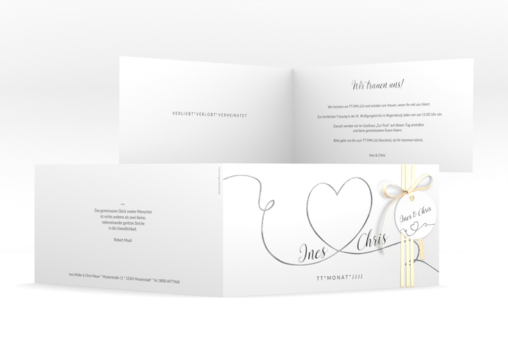 Hochzeitseinladung Dolce lange Klappkarte quer weiss silber