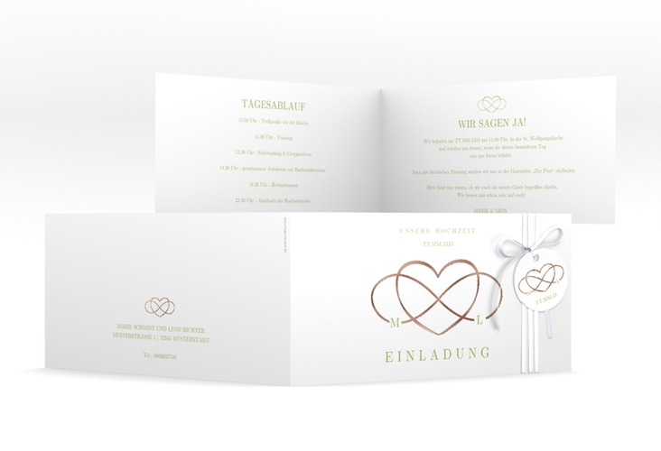 Hochzeitseinladung Infinity lange Klappkarte quer gruen rosegold