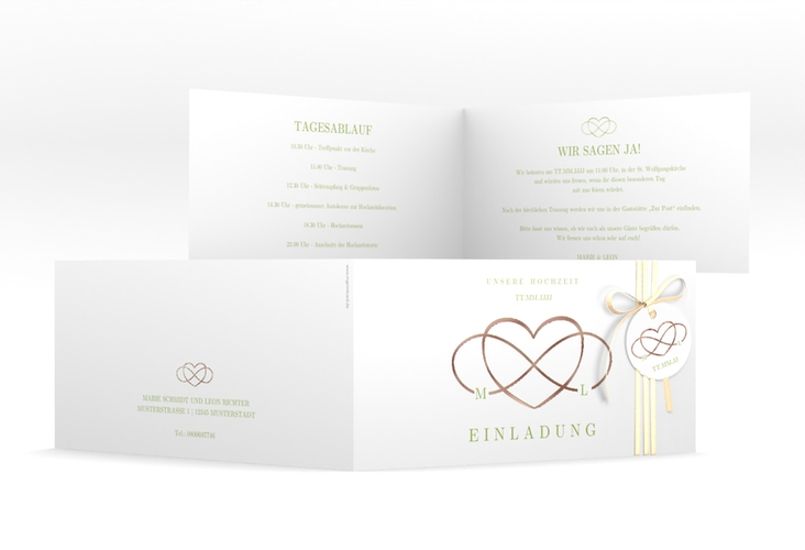Hochzeitseinladung Infinity lange Klappkarte quer gruen rosegold