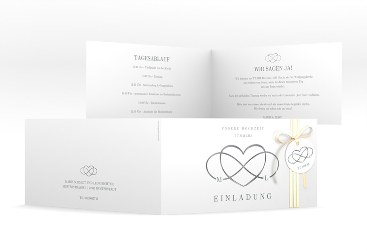 Hochzeitseinladung Infinity lange Klappkarte quer gruen silber