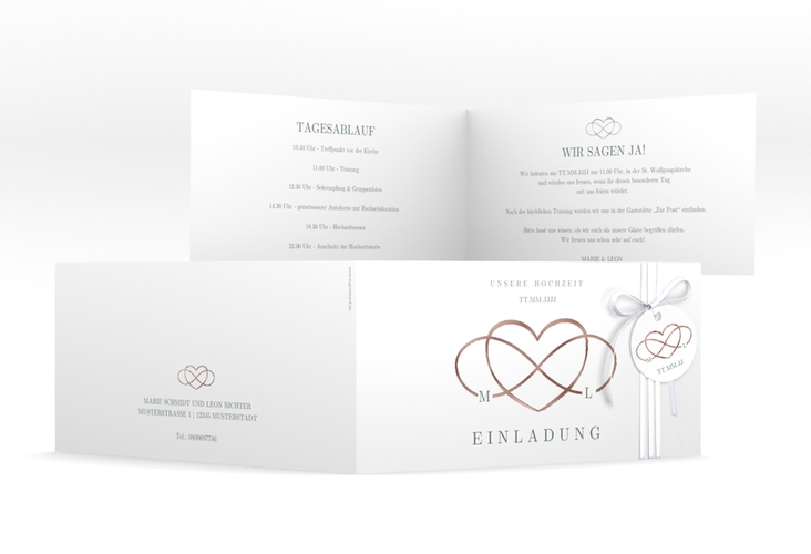 Hochzeitseinladung Infinity lange Klappkarte quer gruen rosegold