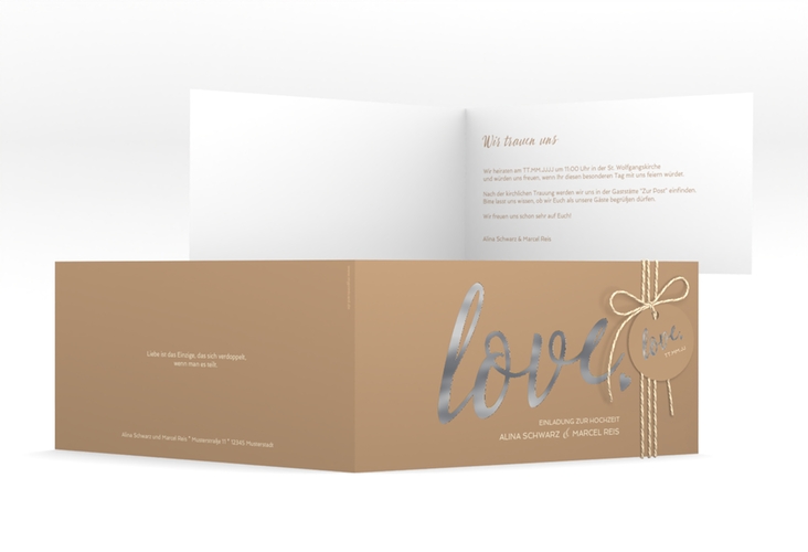 Hochzeitseinladung Glam lange Klappkarte quer beige silber