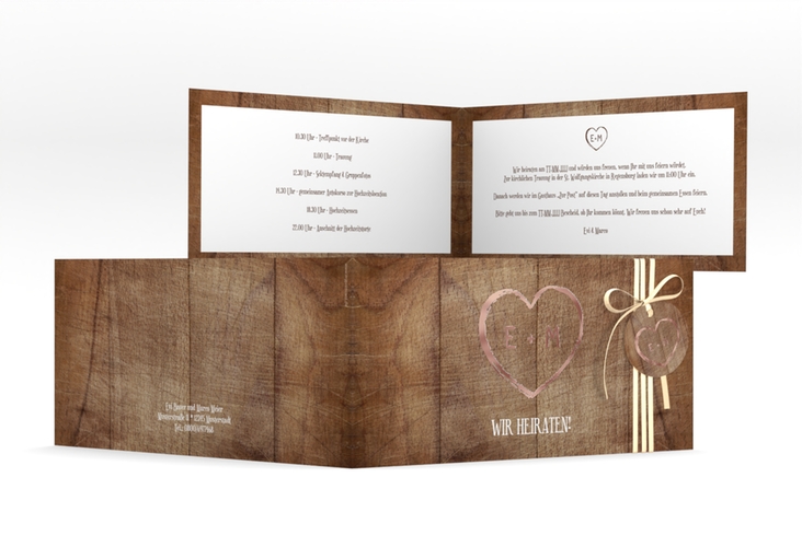 Hochzeitseinladung Wood lange Klappkarte quer braun rosegold