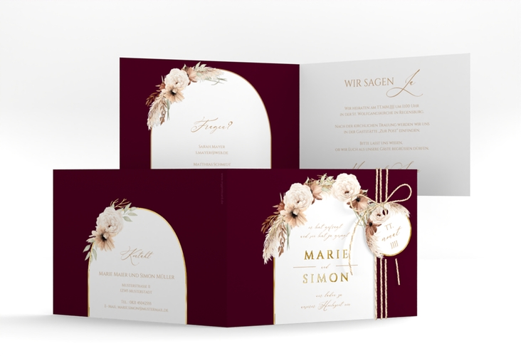 Hochzeitseinladung Blumenbogen A6 Klappkarte quer rot gold