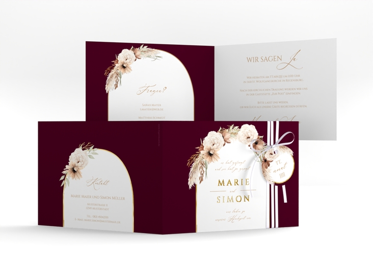 Hochzeitseinladung Blumenbogen A6 Klappkarte quer rot gold