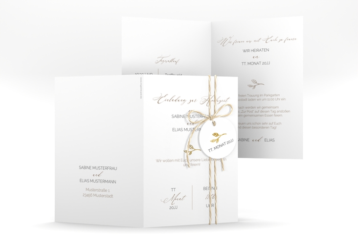 Einladungskarte Hochzeit Plain A6 Klappkarte hoch weiss gold