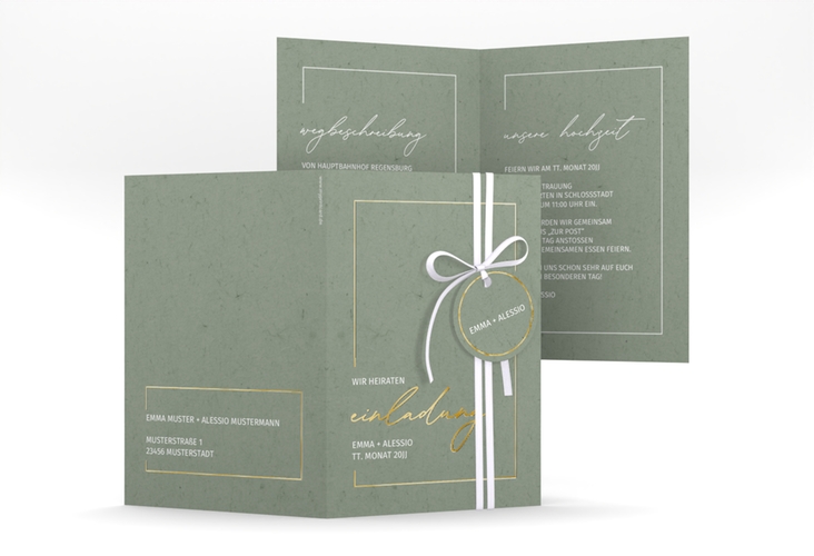 Einladungskarte Hochzeit Simple Line A6 Klappkarte hoch gruen gold