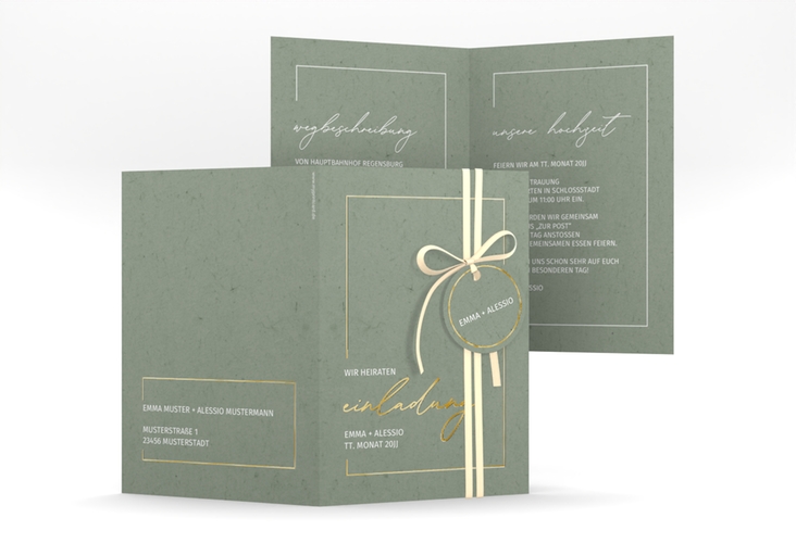 Einladungskarte Hochzeit Simple Line A6 Klappkarte hoch gruen gold