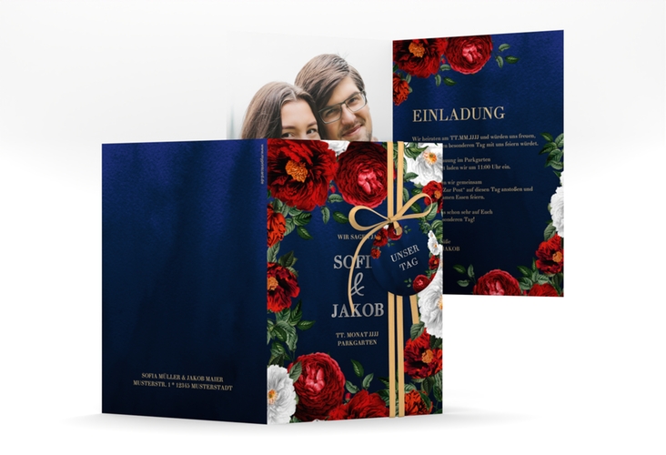 Einladungskarte Hochzeit Florista A6 Klappkarte hoch blau silber
