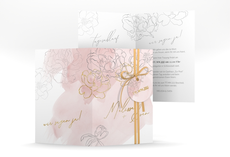 Einladungskarte Hochzeit Pfingstrosen A6 Klappkarte hoch rosa gold