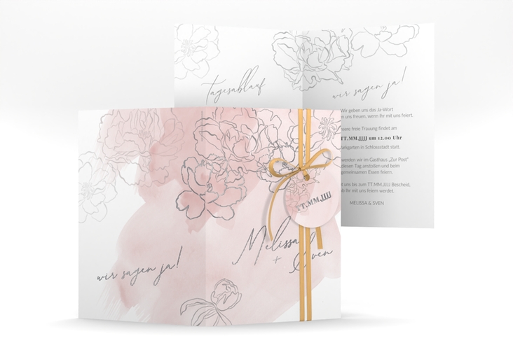 Einladungskarte Hochzeit Pfingstrosen A6 Klappkarte hoch rosa silber