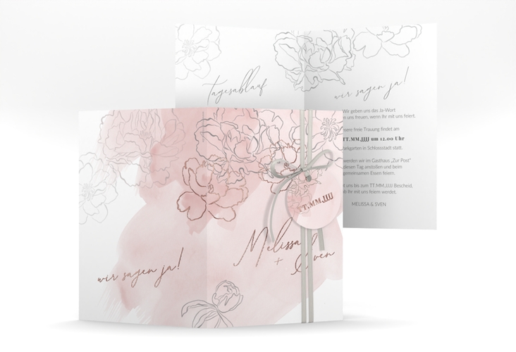 Einladungskarte Hochzeit Pfingstrosen A6 Klappkarte hoch rosa rosegold