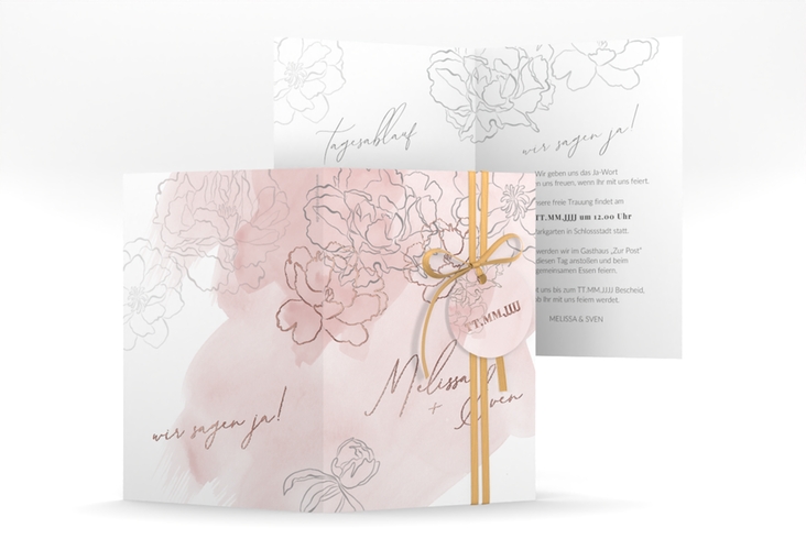 Einladungskarte Hochzeit Pfingstrosen A6 Klappkarte hoch rosa rosegold