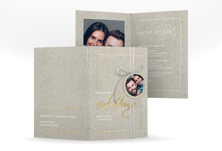 Einladungskarte Hochzeit Simple Line A6 Klappkarte hoch grau gold